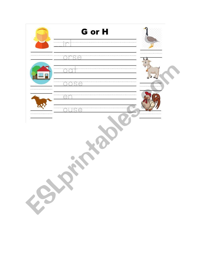 Letters g and h tracing and vocabulary matching