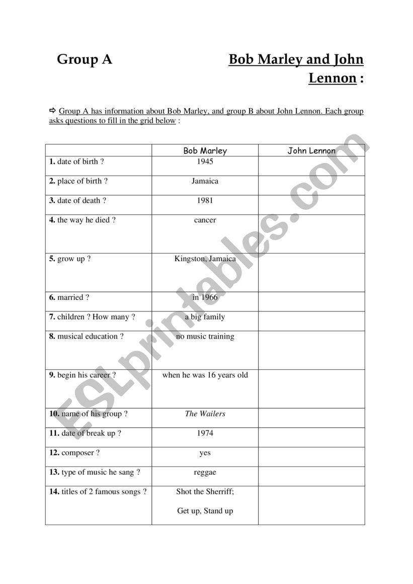 Bob Marley and John Lennon worksheet