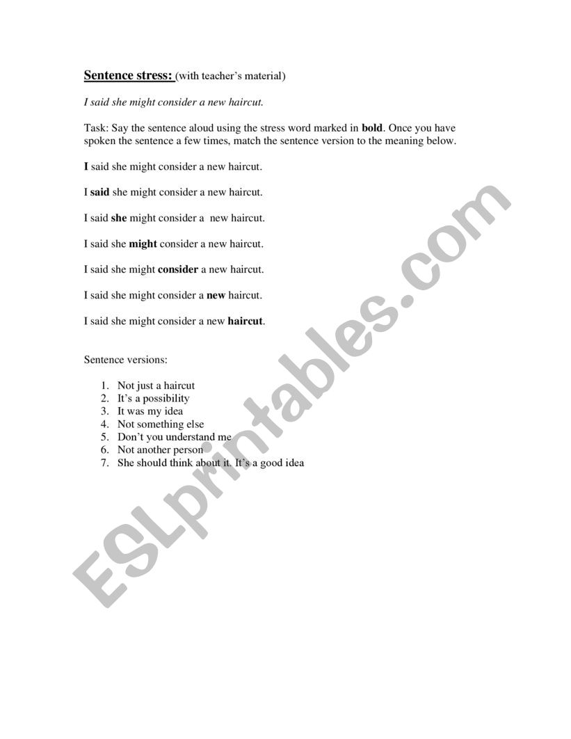 Sentence stress game worksheet