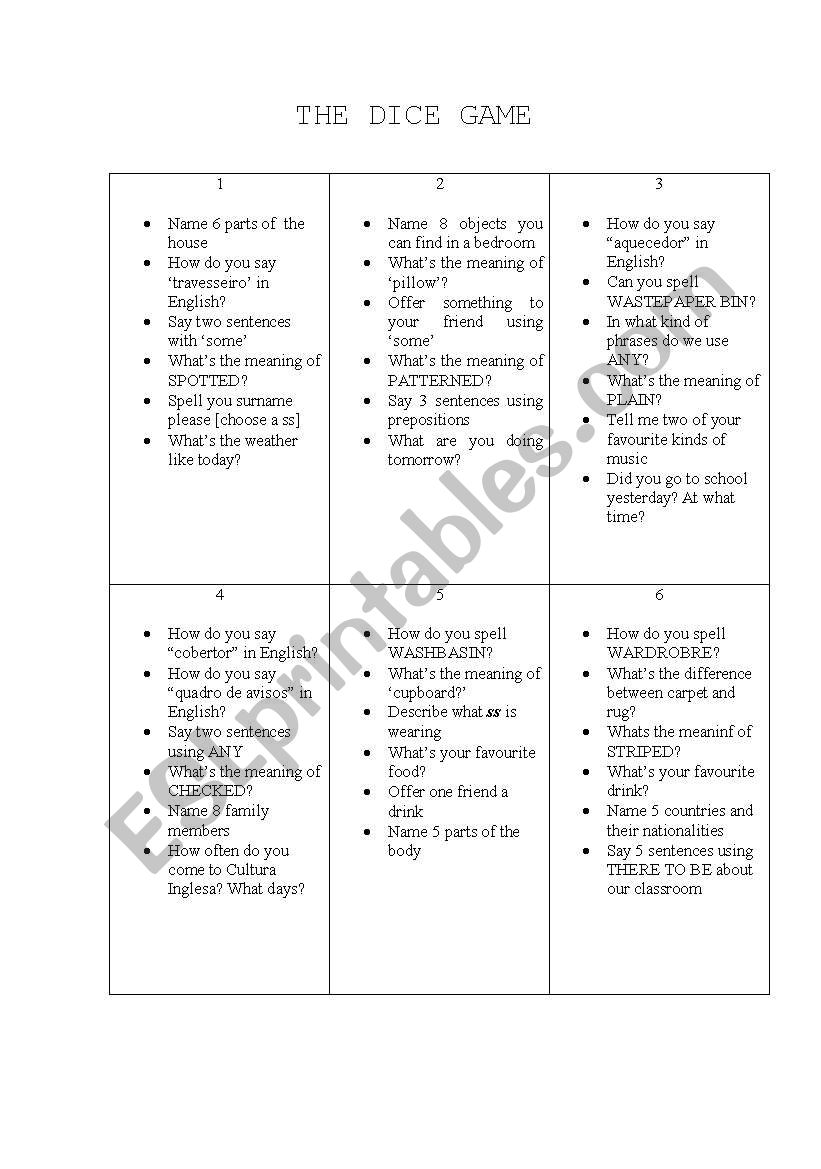 The Dice Game worksheet