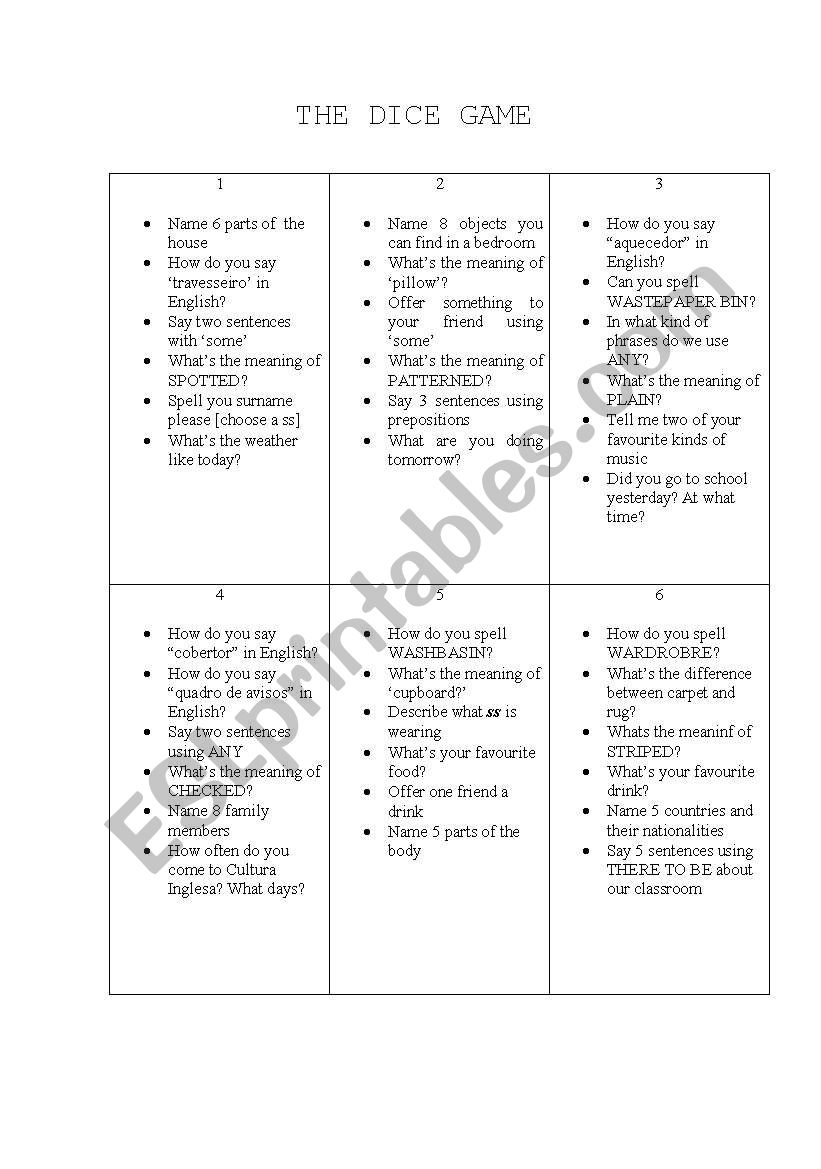 The Dice Game worksheet