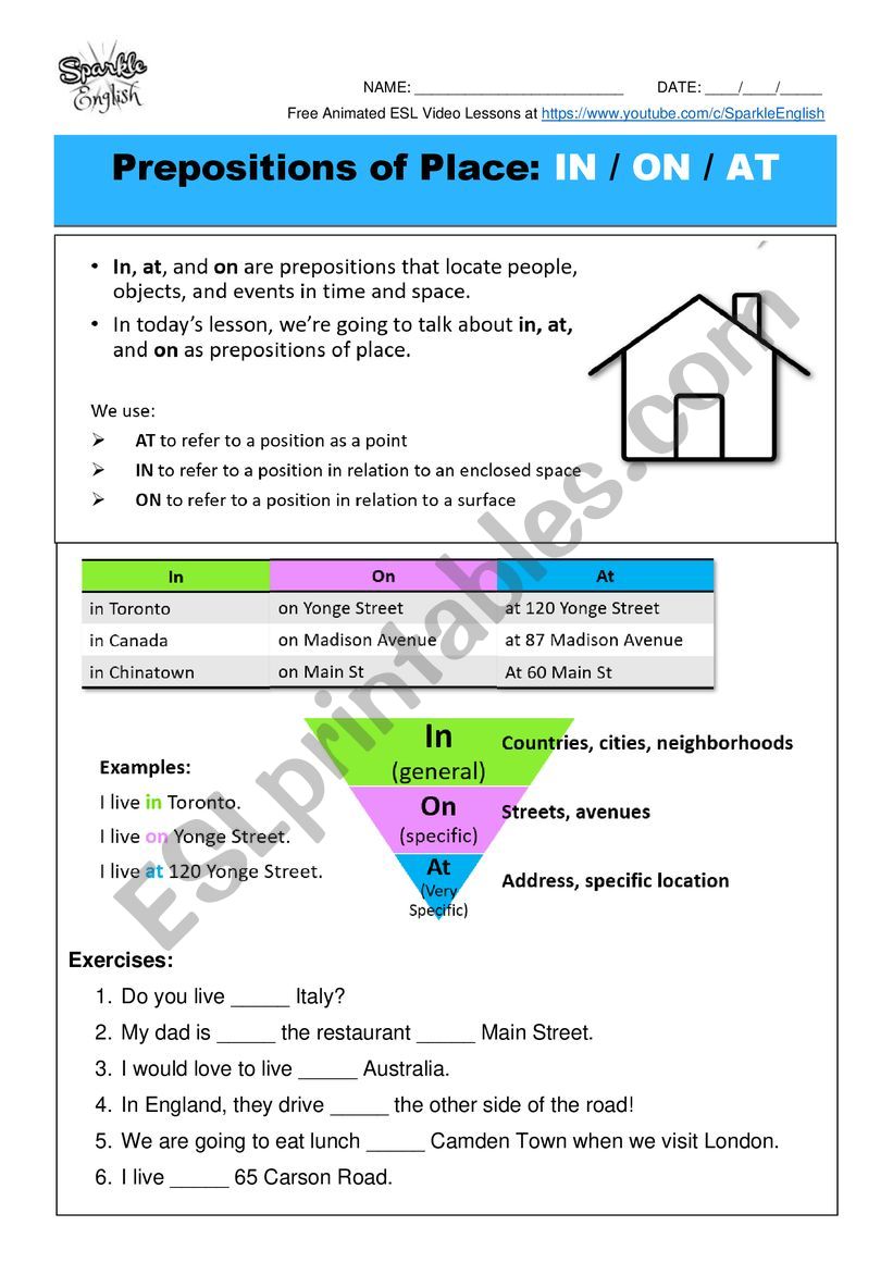 Prepositions of Place: IN, ON, AT - Lesson, Video, and Worksheet with Answer Key