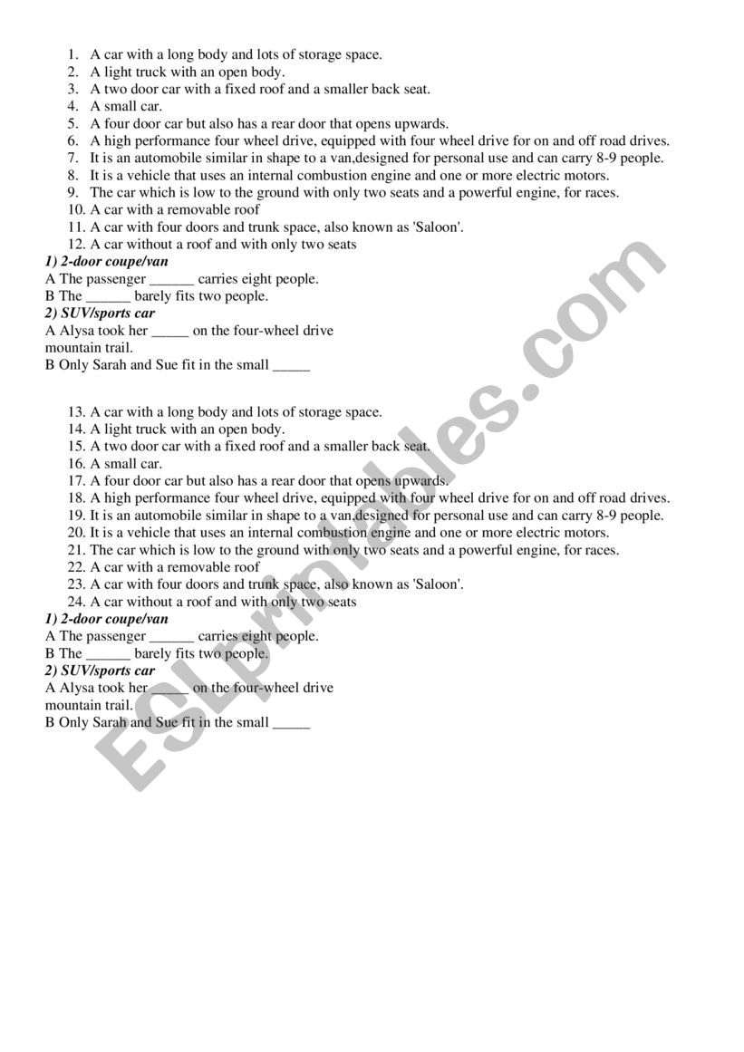 Exterior parts of the car worksheet