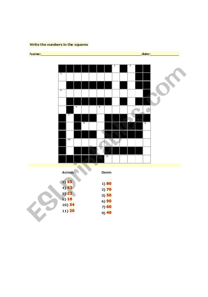 numbers worksheet