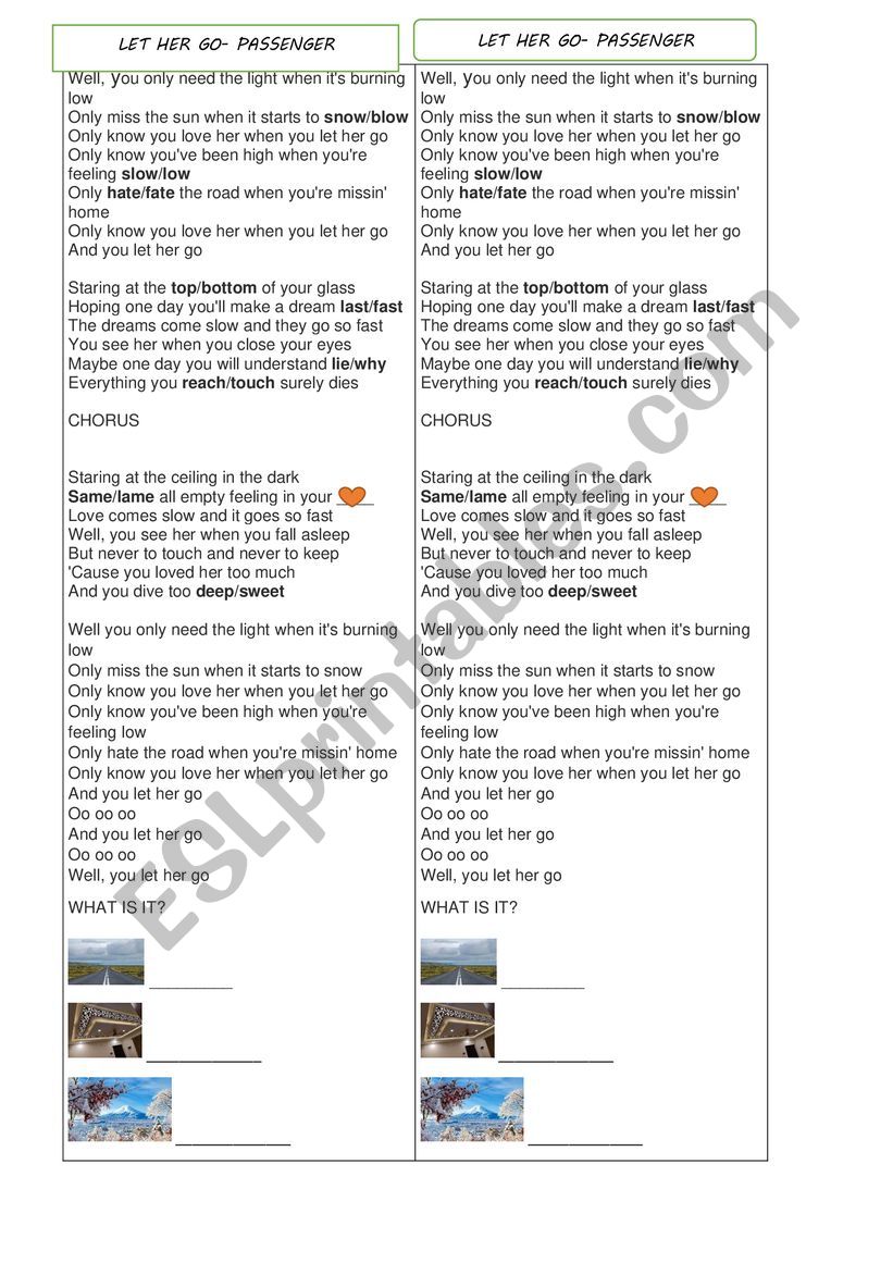 Song Let Her Go worksheet
