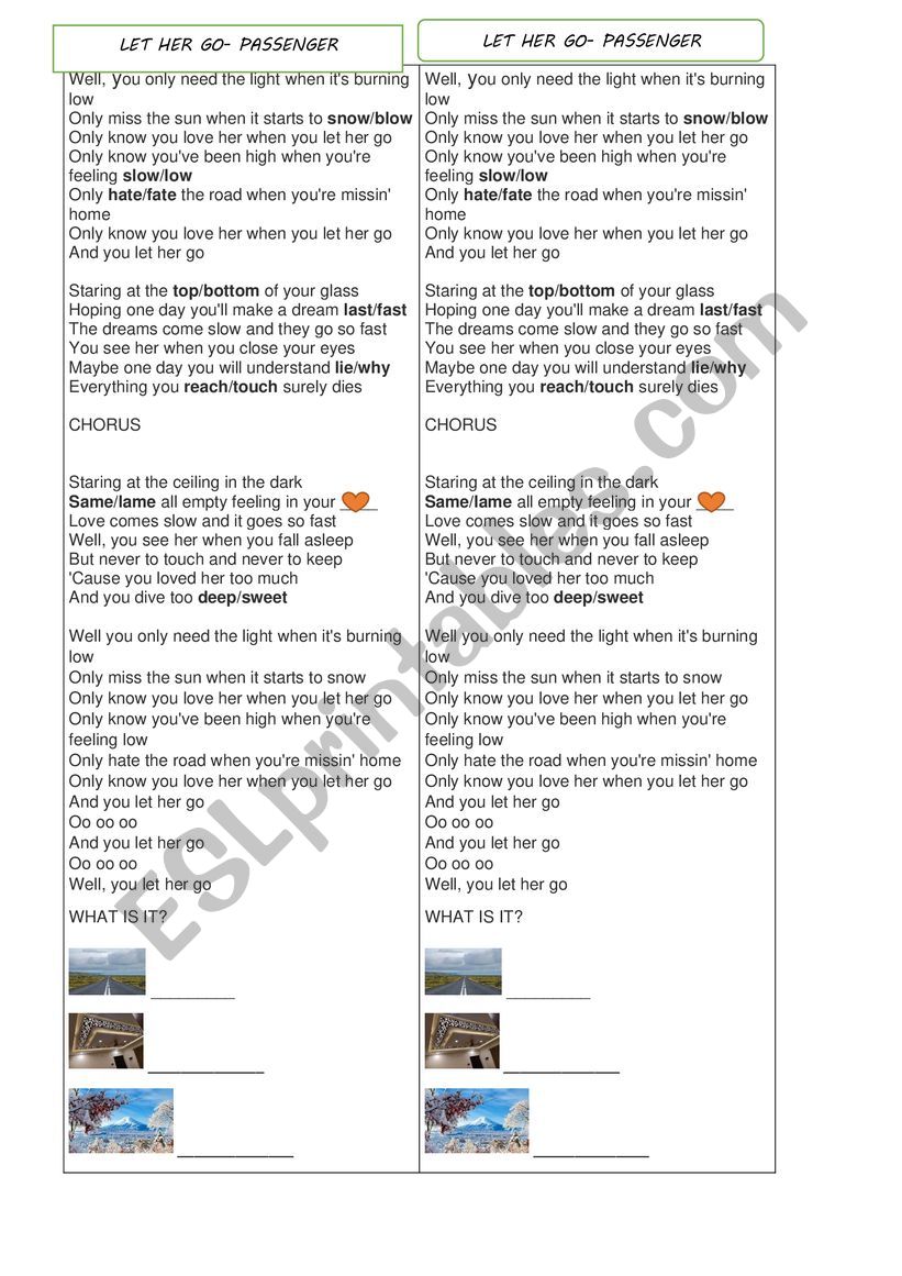 Song Let Her Go worksheet