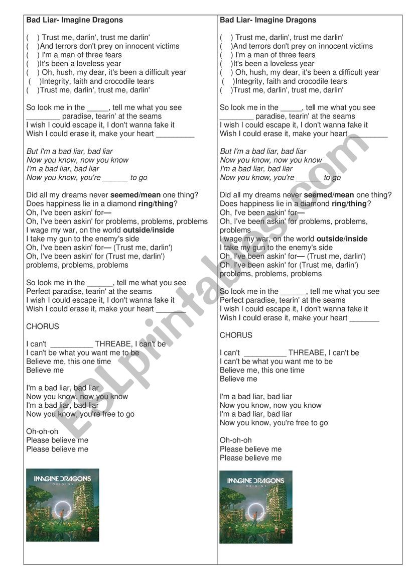 Song Bad Liar worksheet