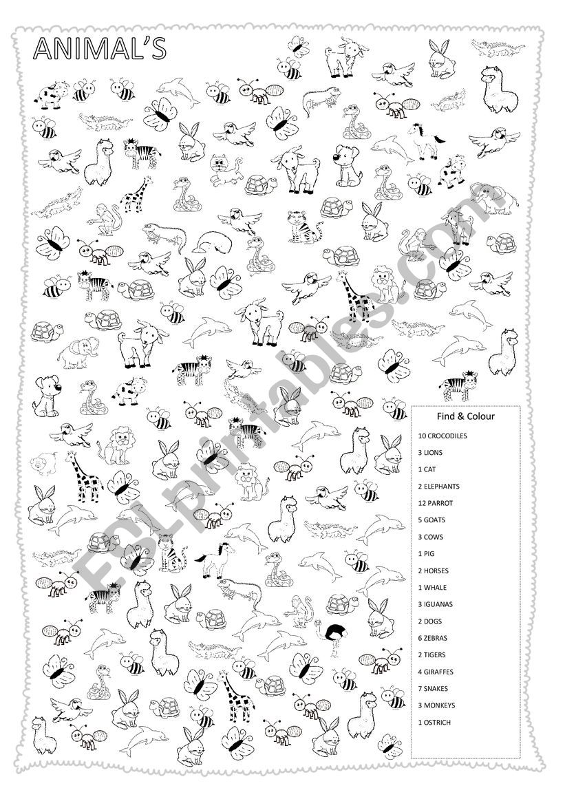 ANIMALS - FIND AND COLOUR worksheet