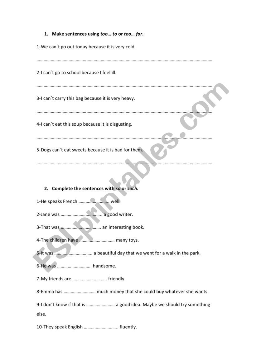 Too and enough worksheet