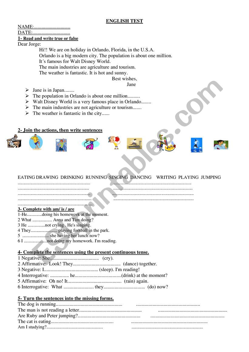 Present continuous test worksheet