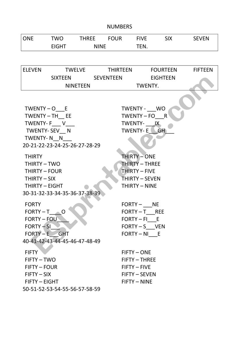 Numbers worksheet