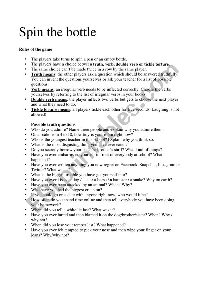 Spin the Bottle worksheet