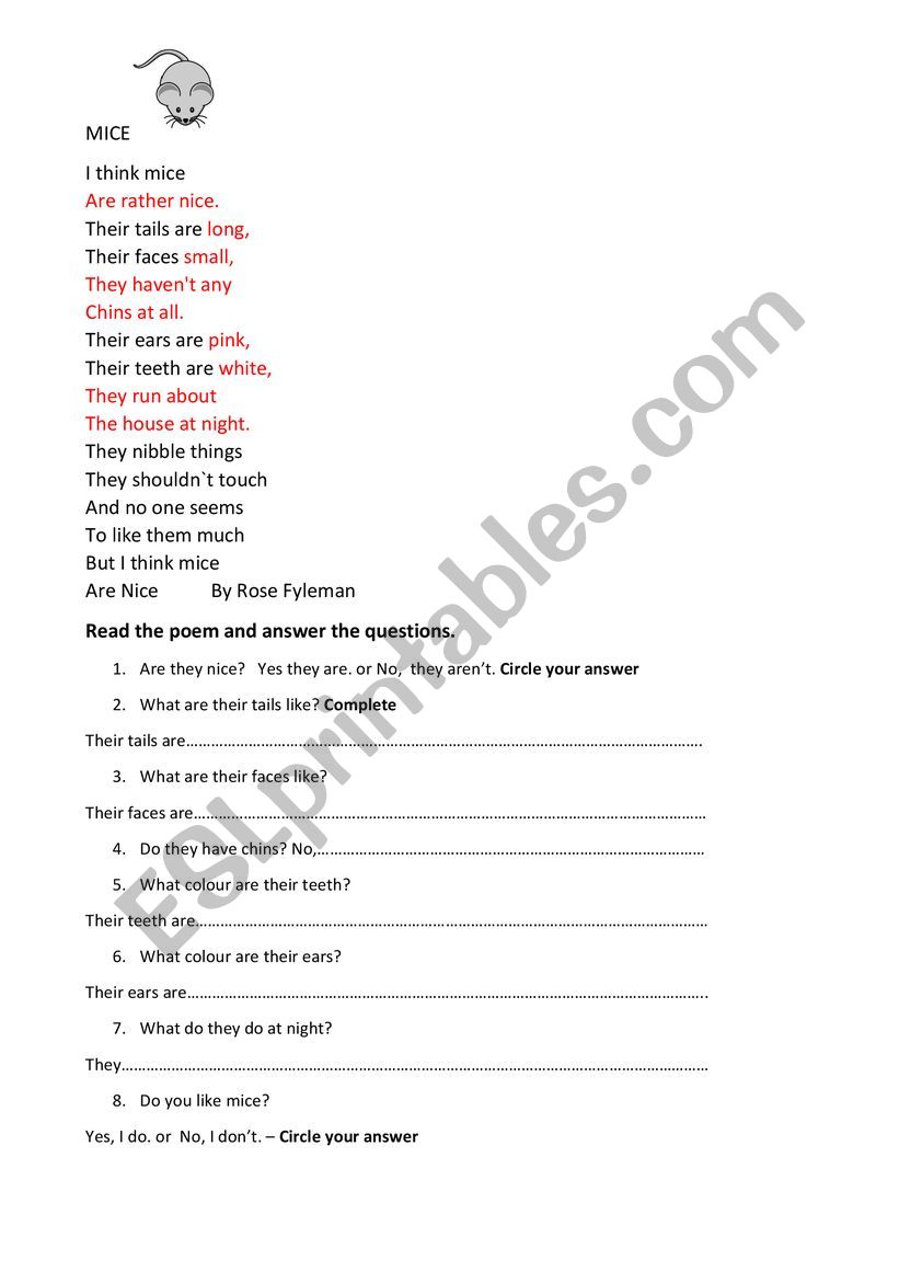 The Poem Mice worksheet