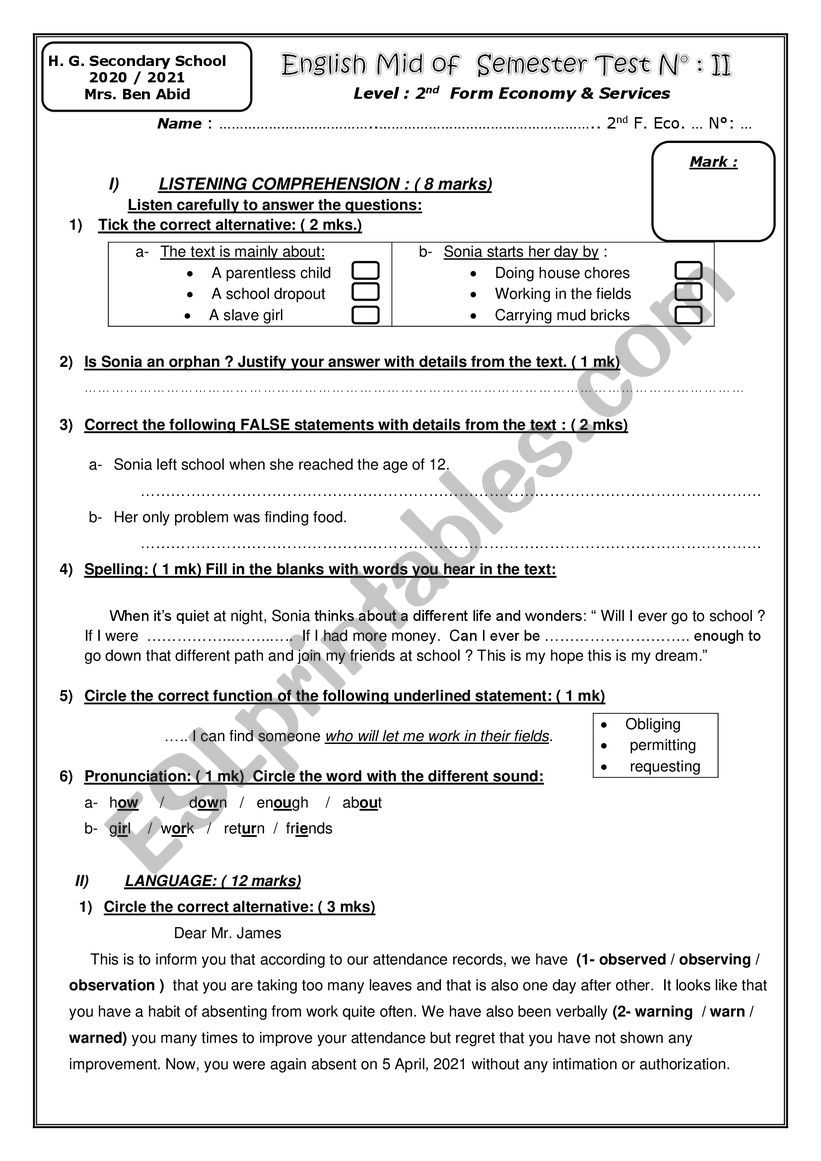 Mid  Term Test N 2 LEVEL 2nd F. Eco. and Services