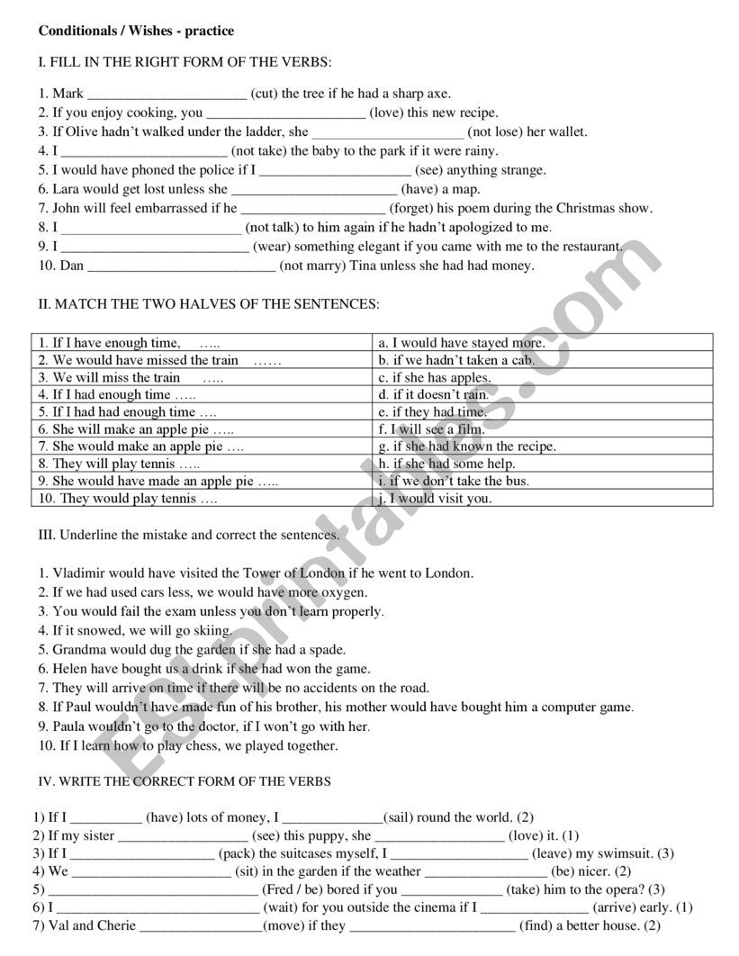 conditionals,wishes worksheet