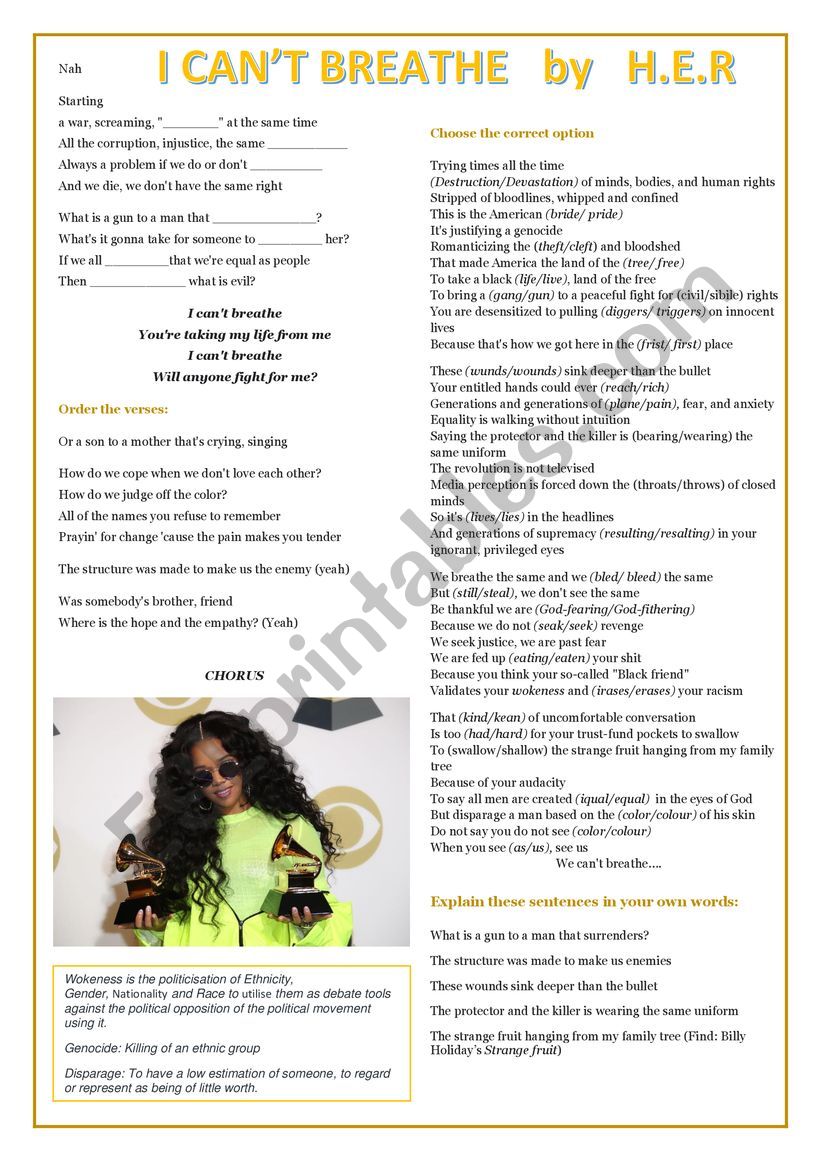 I cant breathe  by H.E.R. worksheet