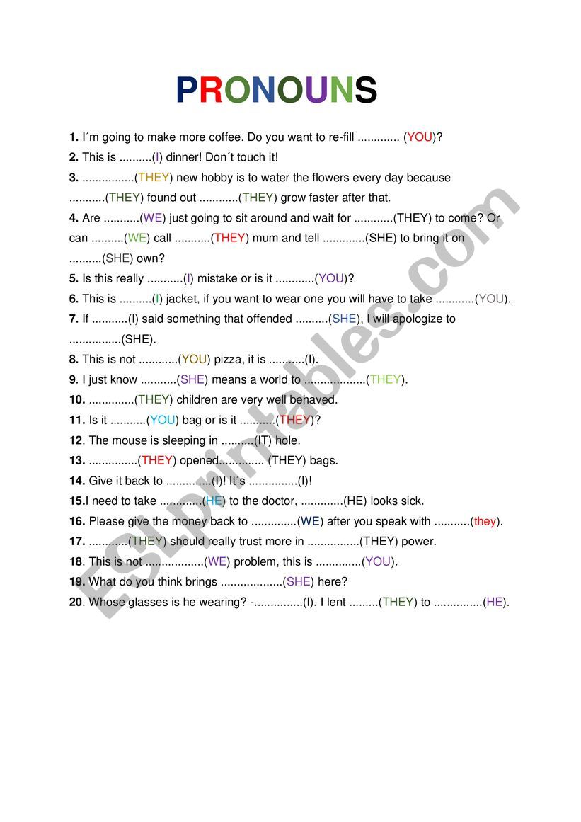 intermediate pronouns worksheet