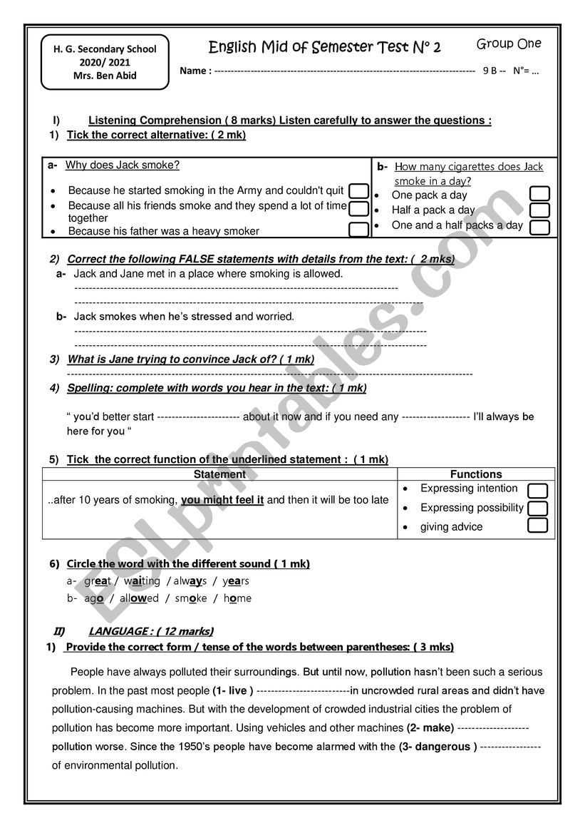 9th Form Test Mid Semester 2 worksheet