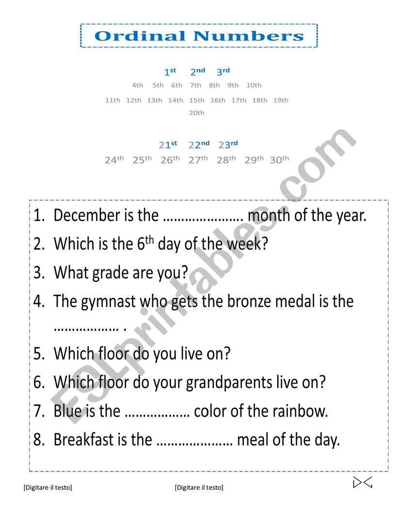 Ordinal numbers worksheet