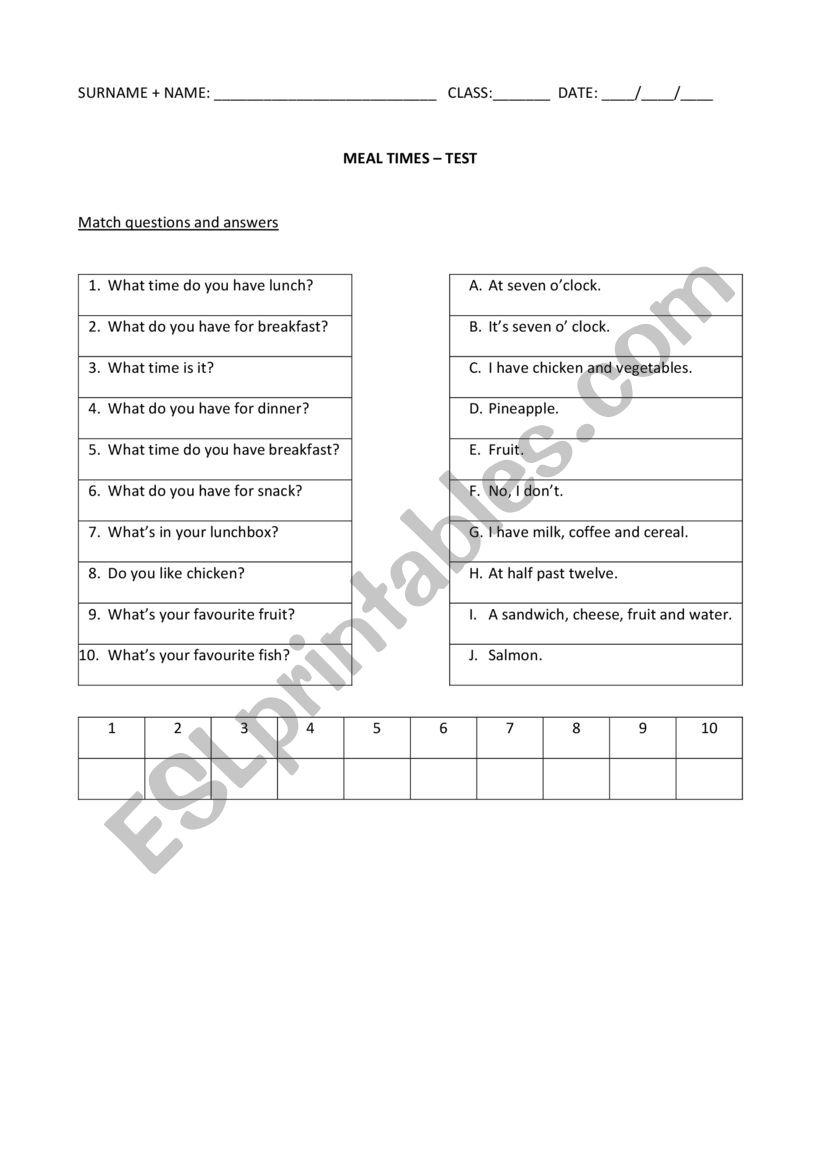 Meal times worksheet