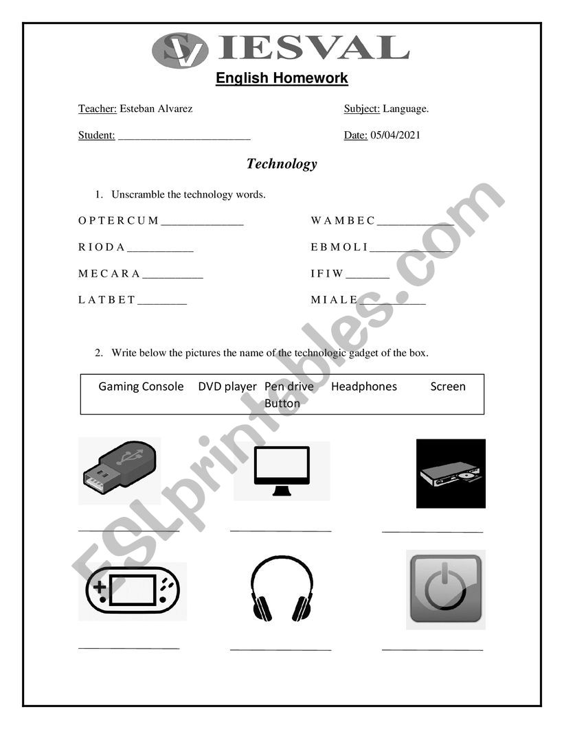 Technology Worksheet vocabulary