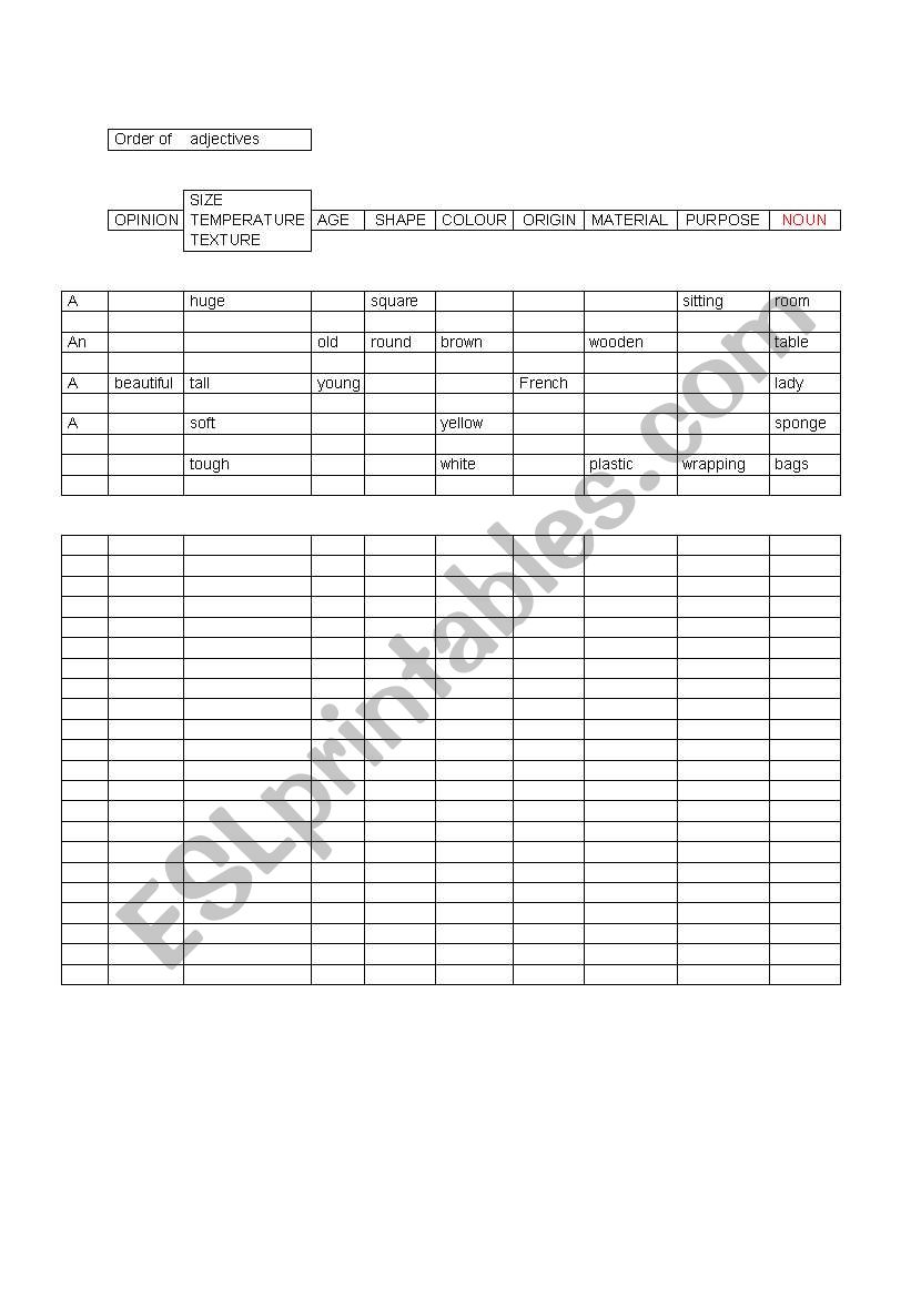 Order of adjectives worksheet