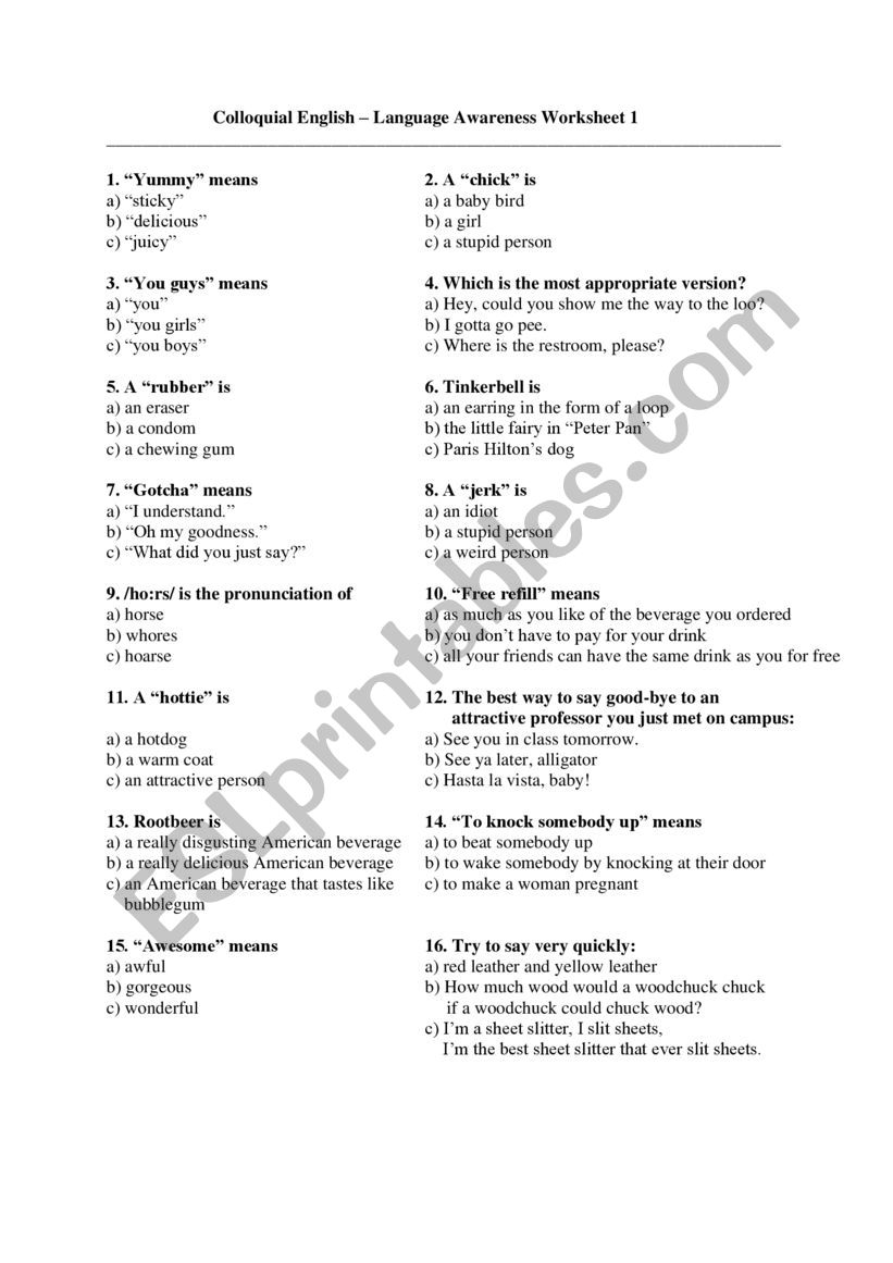 Colloquial English fun Quiz worksheet