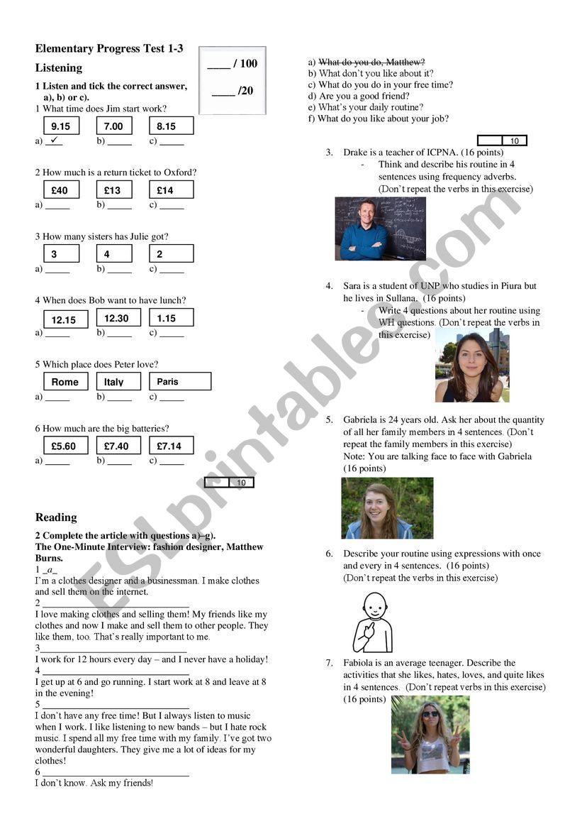 ELEMENTARY PROGRESS TEST worksheet
