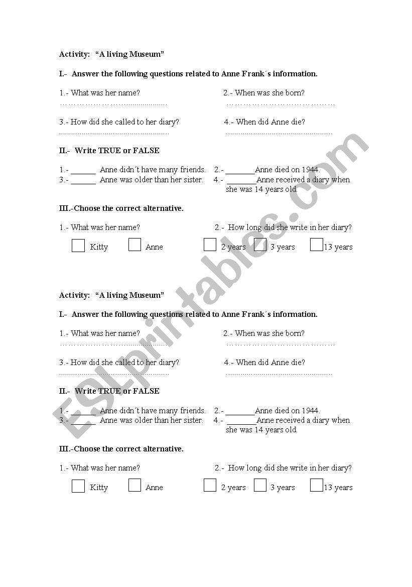 Anne frank s question worksheet