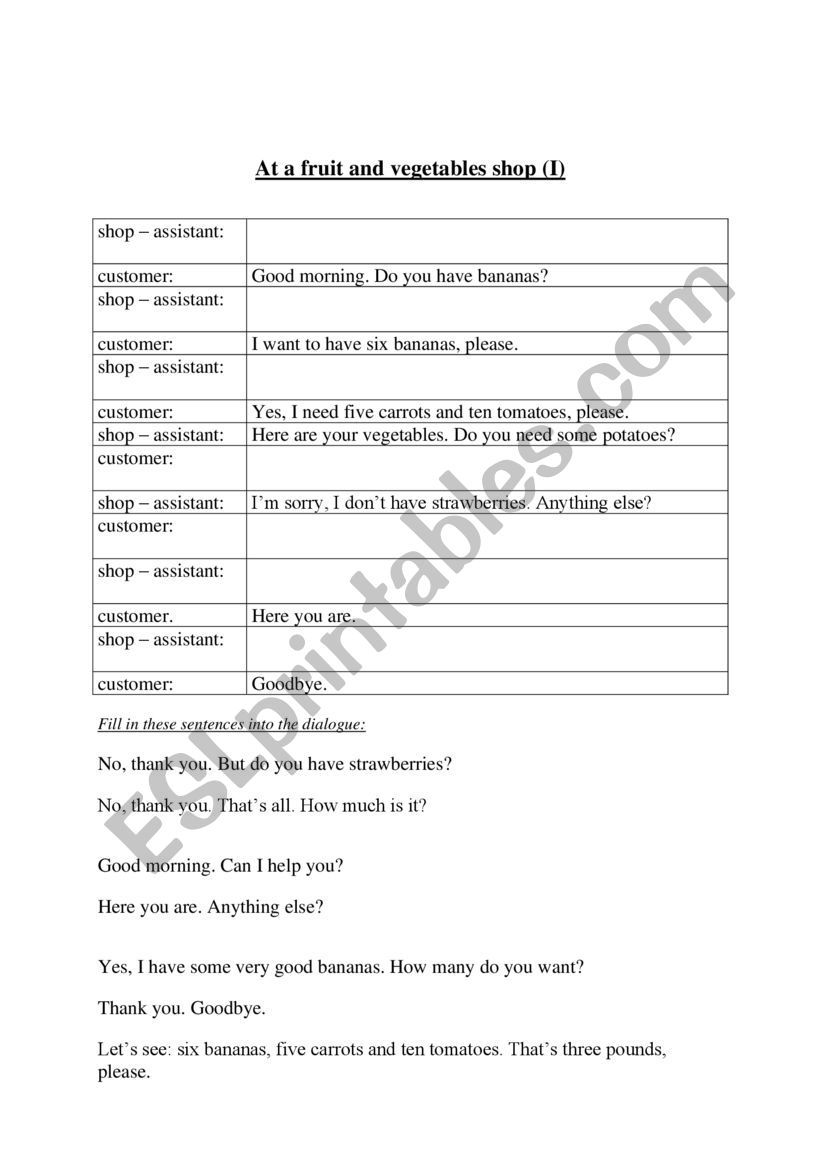 Dialogue: In a corner shop worksheet