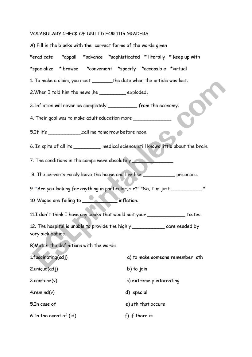  Vocabulary Check of Unit  5 worksheet