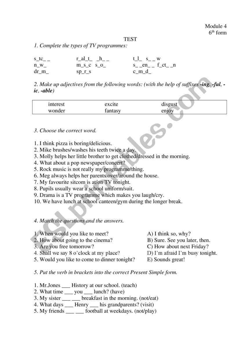 test spotlight 6th form worksheet