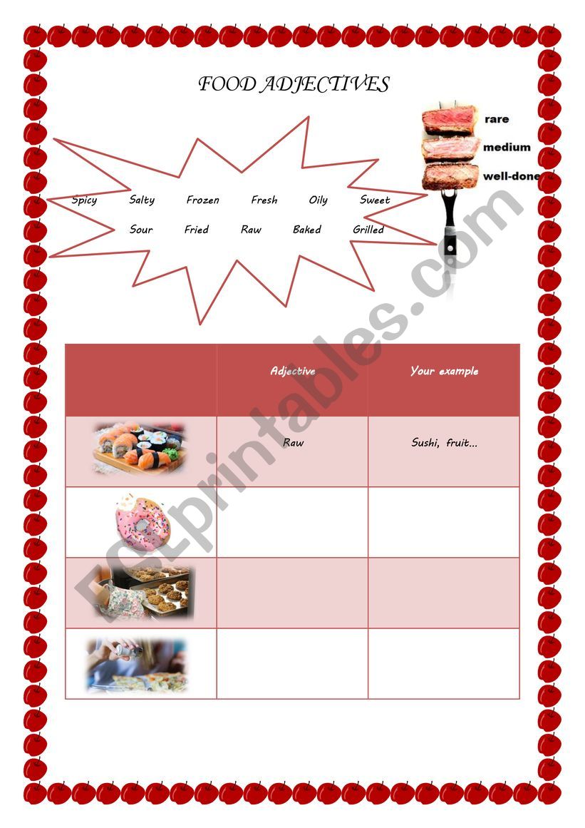 Food adjectives worksheet