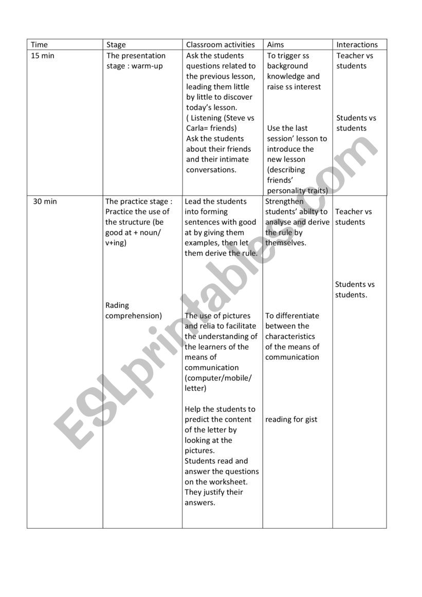 Aly�s friend lesson plan worksheet