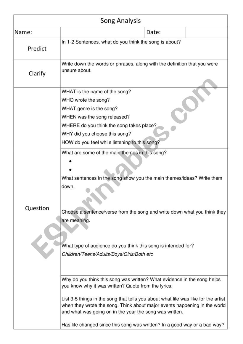 Song worksheet