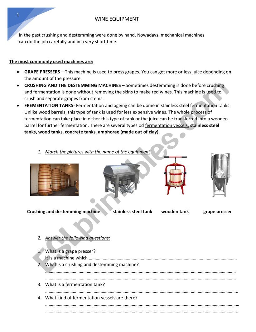 Wine equipment worksheet