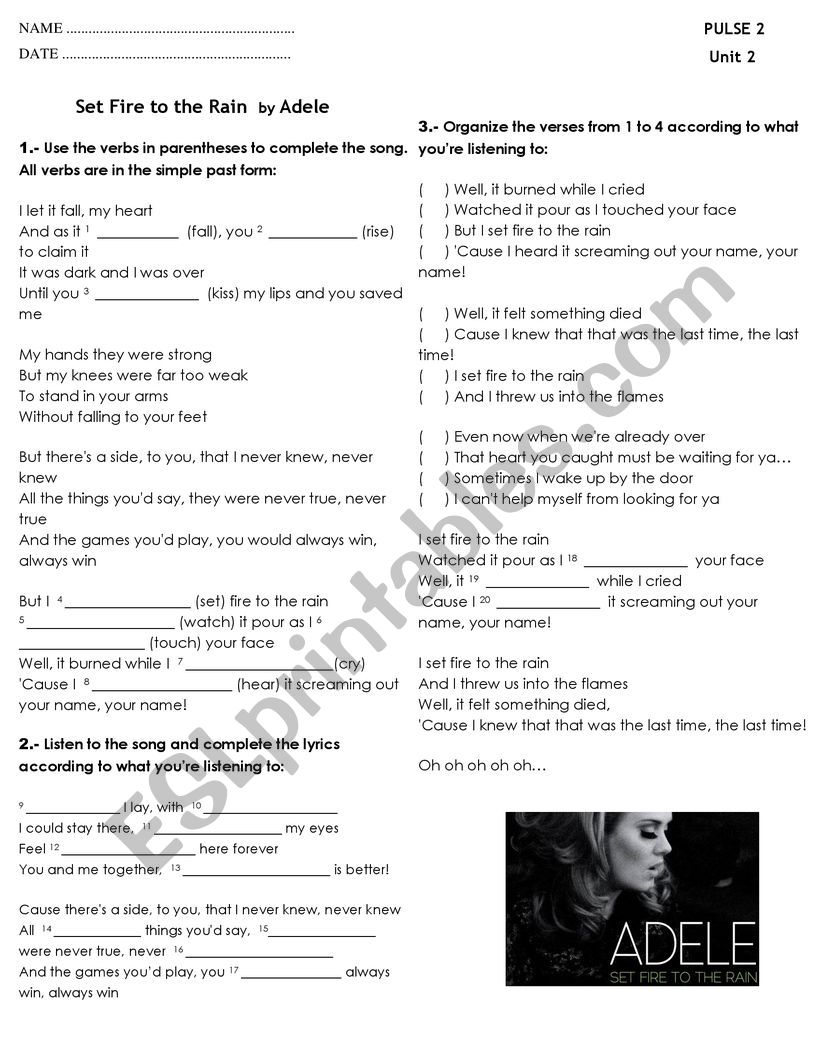 Set fire to the rain by Adele worksheet