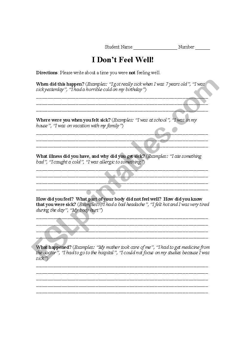 I Dont Feel Well! worksheet