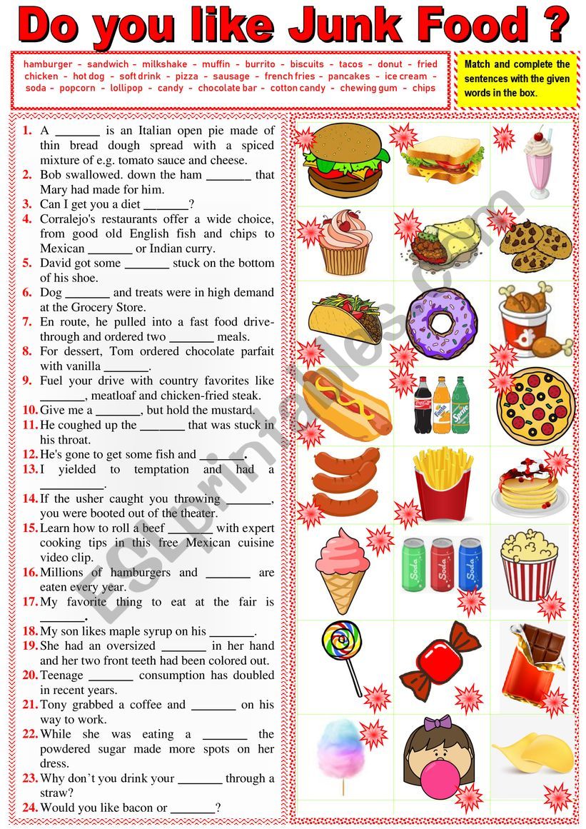 JUNK FOOD in sentences. Vocabulary matching + KEY