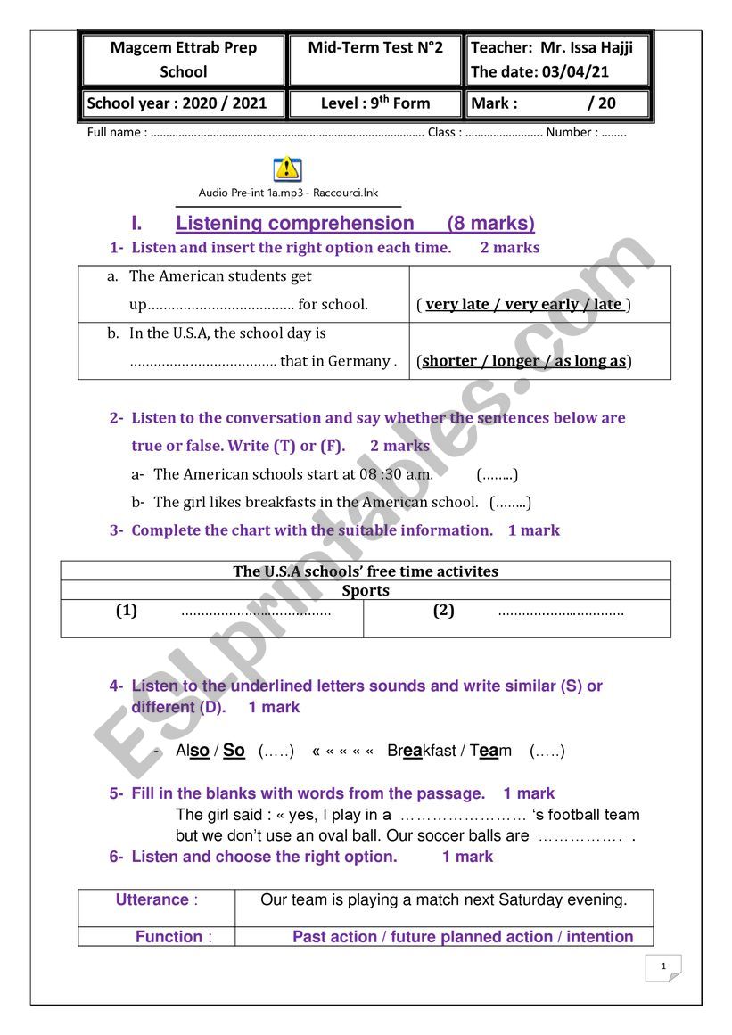 test 2 for 9th formers  worksheet