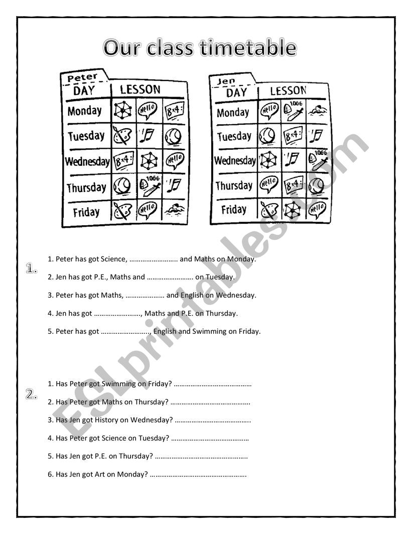 Our class timetable worksheet