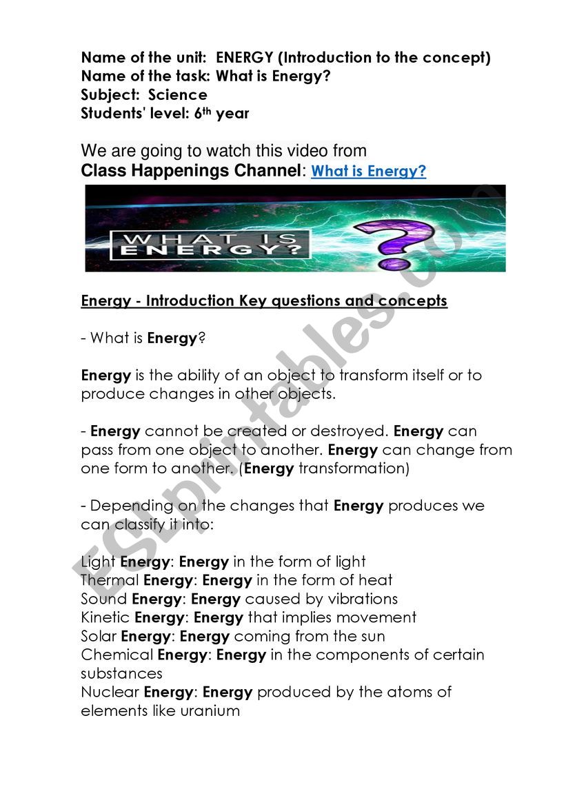 ENERGY (Introduction to the concept) clil - Aicle part 25 - ESL Within Introduction To Energy Worksheet