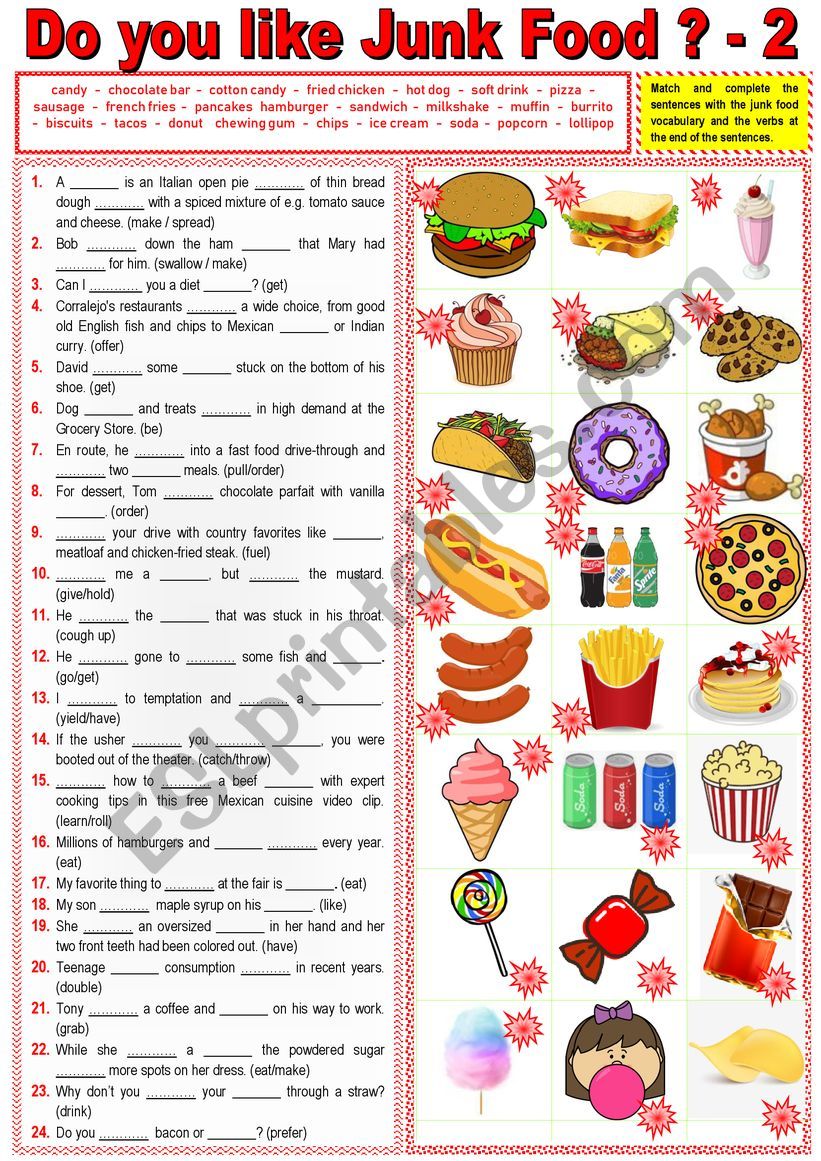JUNK FOOD in sentences. Vocabulary matching + verbs + KEY