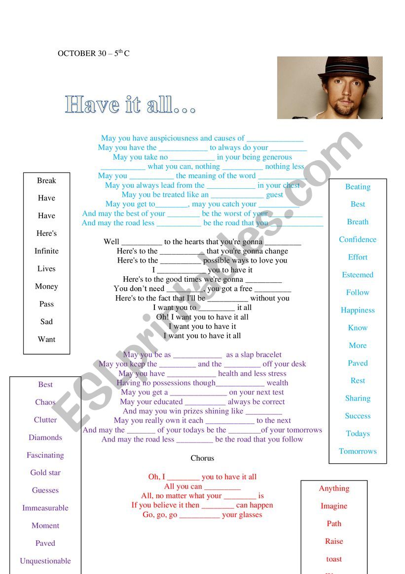 Have it All, by Jason Mraz worksheet