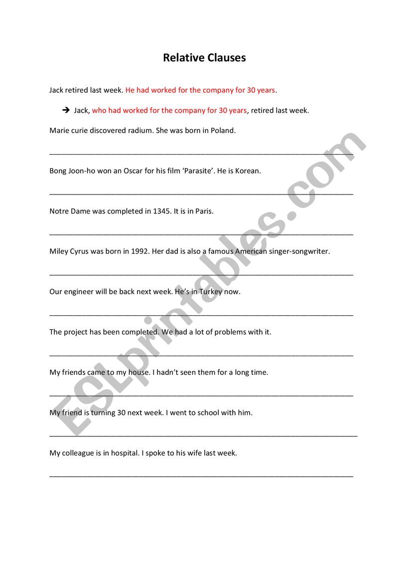 Relative Clauses worksheet