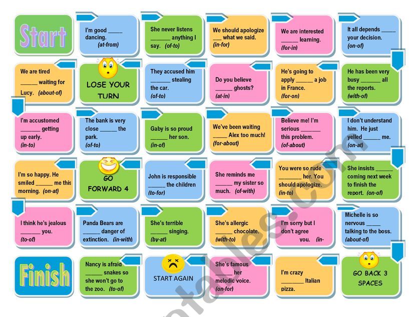 Board game prepositions worksheet