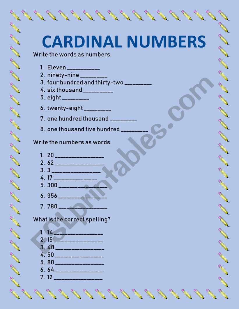 Cardinal numbers worksheet