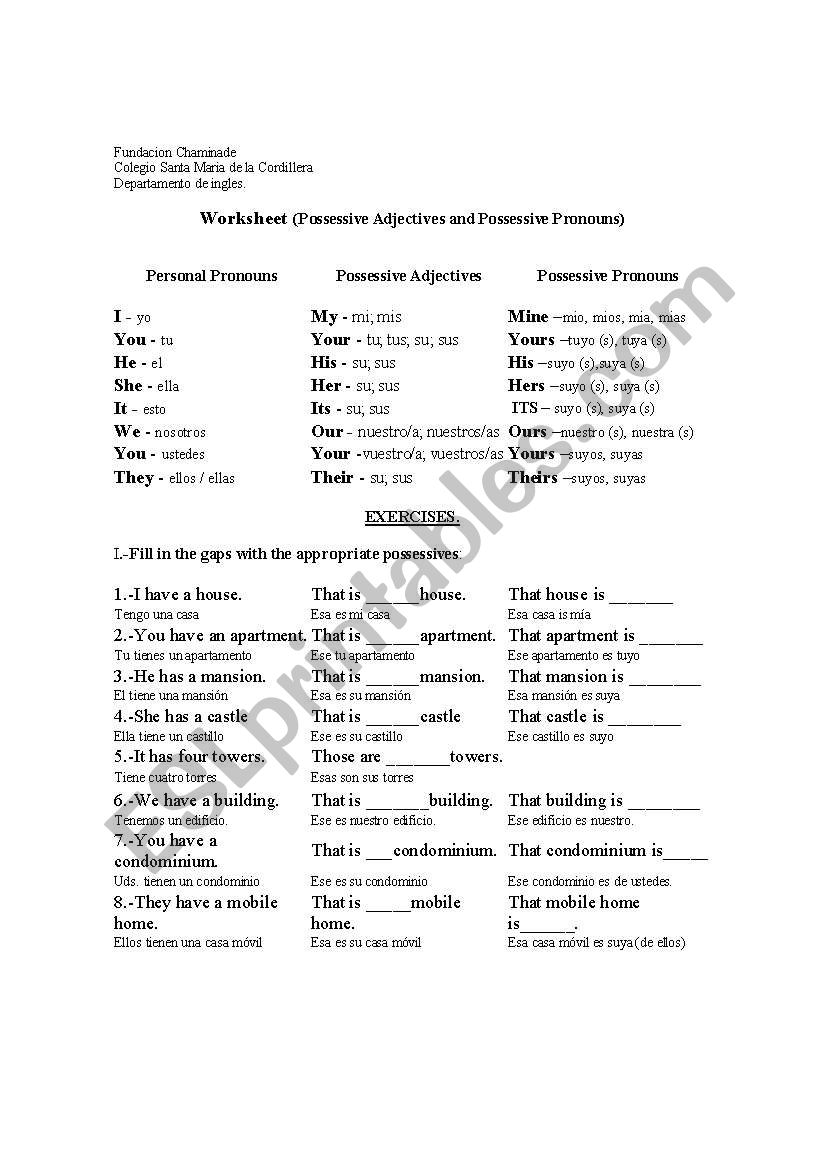 possesives worksheet