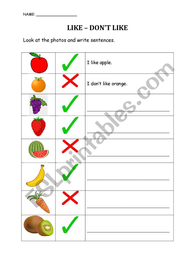 Like/ Don�t like worksheet