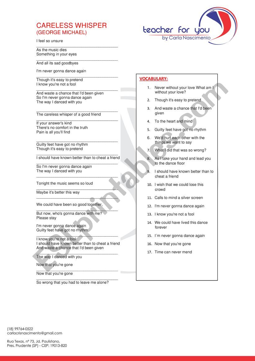 SONG- CARELESS WHISPER worksheet
